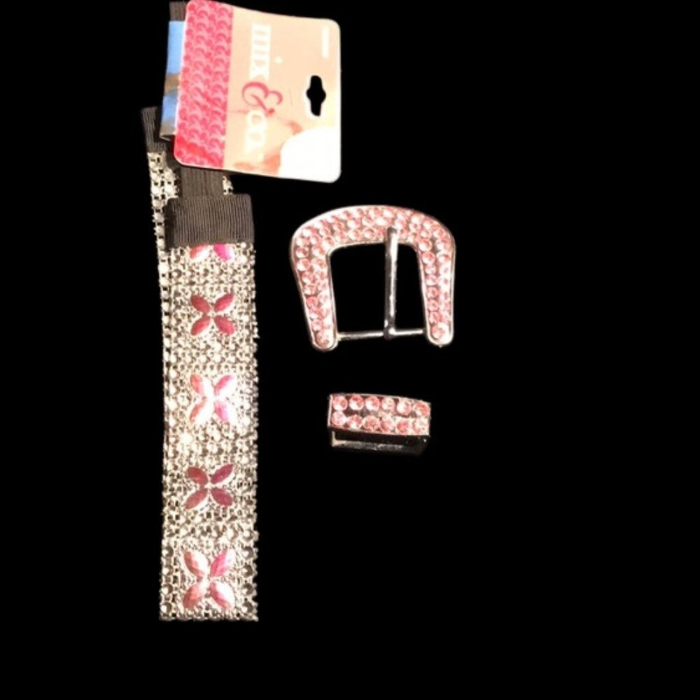 Belt buckle pink rhinestones metal &  new elastic headwrap